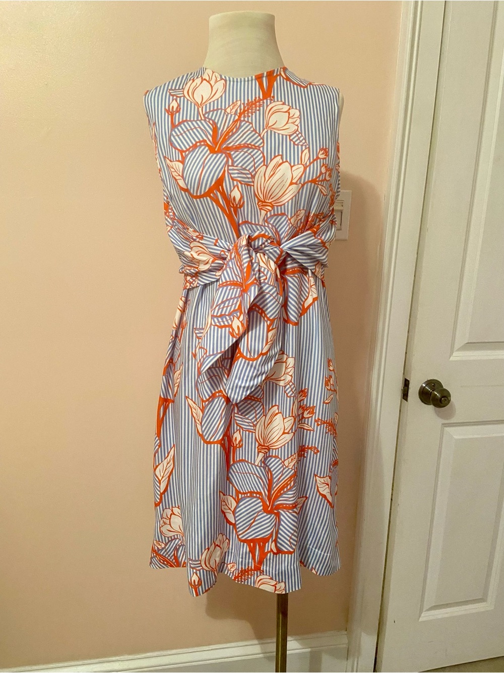 Lela Rose Sleeveless Front Tie Shift Style Floral Striped Dress